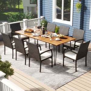 Costway 9 PCS Outdoor Patio Dining Set Armchairs Set of 8 and Acacia Wood Square Table - 1 of 4