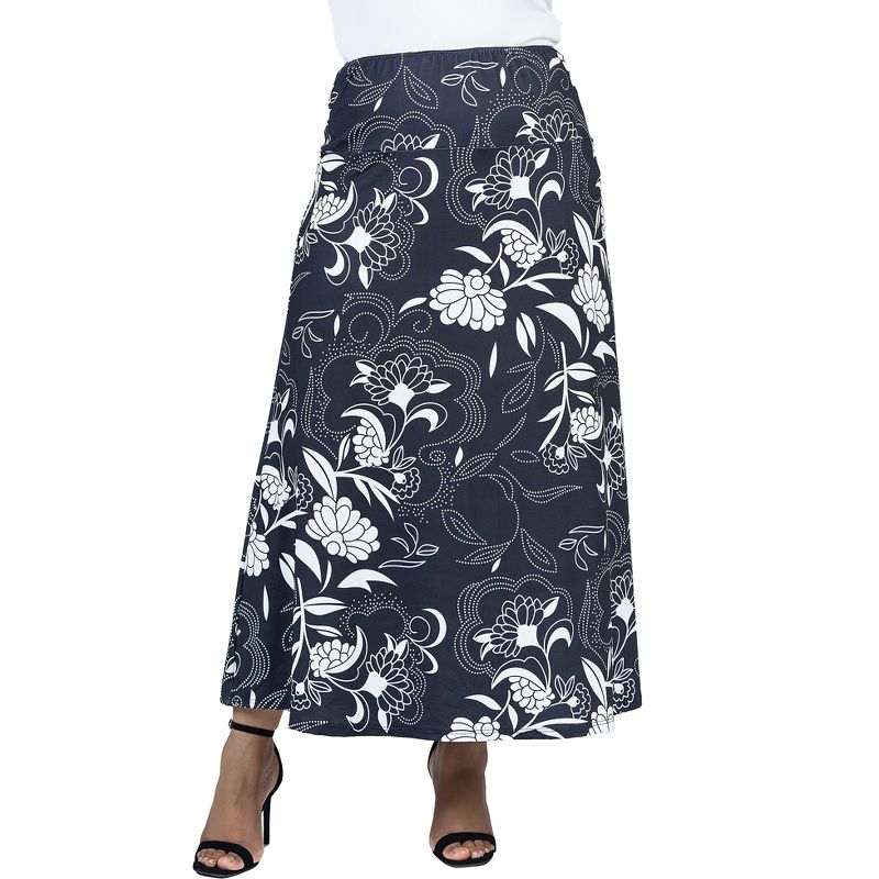 24seven Comfort Apparel Black and White Floral Plus Size Elastic Waist Ankle Length Comfortable Maxi Skirt, 5 of 7