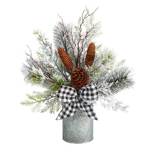 Nearly Natural 20-in Holiday Winter Greenery with Pinecones and Gingham Plaid Bow Table Artificial Christmas Arrangement - 1 of 4