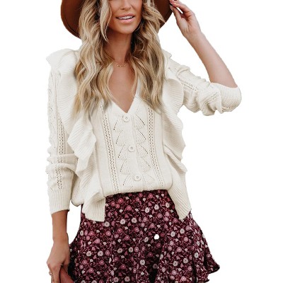 Womens V Neck Button Down Sweaters Tops Casual Long Sleeve Ruffle Knit Cardigan Sweater Outwear
