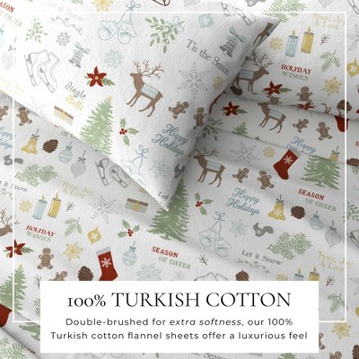 Twin Gray Holiday Print Cotton Flannel Sheet Set
