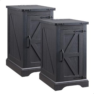 TAJSOON Farmhouse Nightstand Set of 2 with Charging Station,Wood Rustic Sofa Side Table for Living Room, Bedroom, Black - 1 of 1