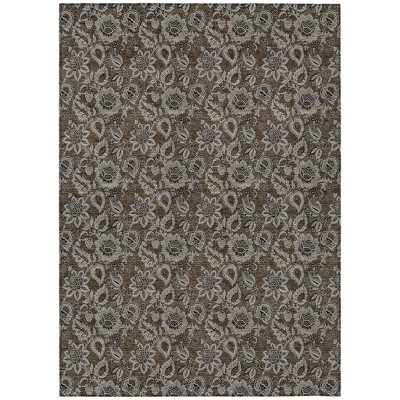 Chocolate And Charcoal Floral Washable Indoor Outdoor Area Rug