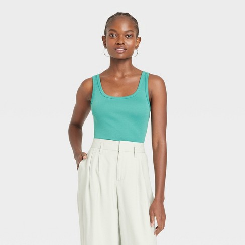 Women's Slim Fit Ribbed High Neck Tank - A New Day™ Green XS