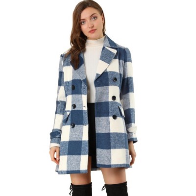 Allegra K Women's Notched Lapel Double Breasted Winter Plaids Overcoat