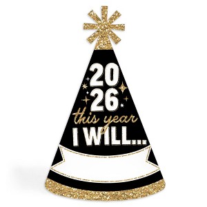 Big Dot of Happiness Hello New Year - Cone Party Hats - 2026 NYE Resolution Cone Party Hat for Adults - Set of 8 (Standard Size) - 1 of 4