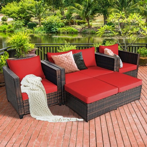 Costway 5pcs Patio Rattan Furniture Set Cushioned Sofa & Chair W/coffee  Table Red : Target