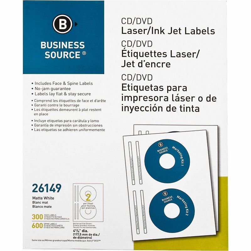 Business Source CD/DVD Labels Laser/inkjet 300/PK White 26149, 1 of 4