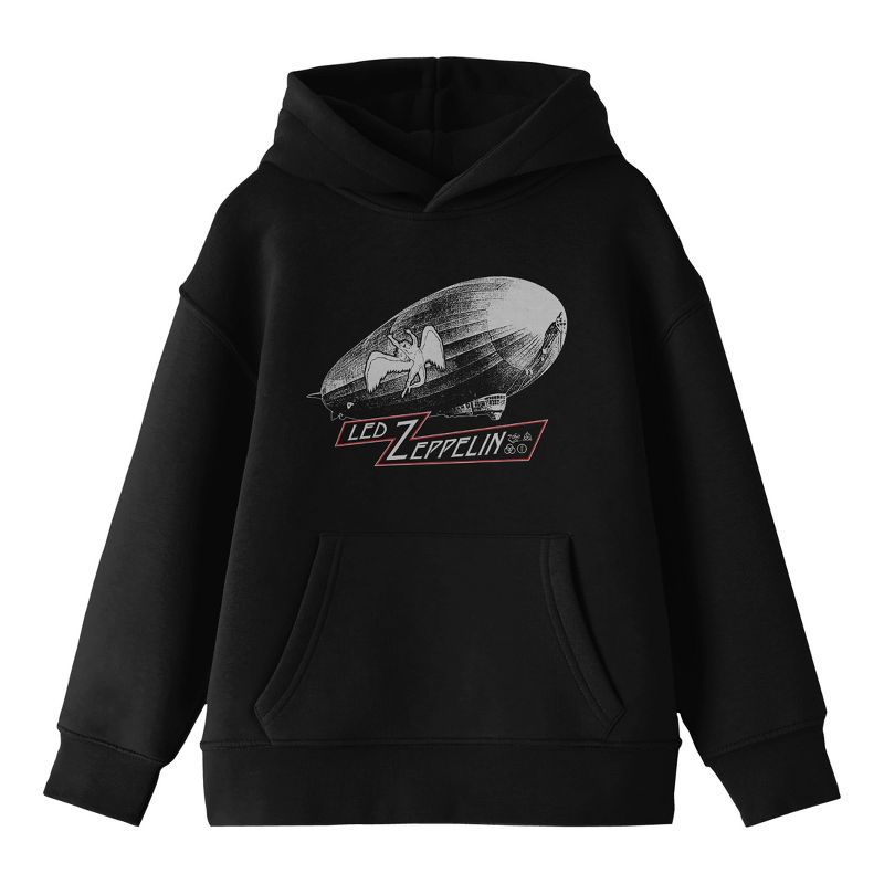 Led Zeppelin Blimp & Falling Icarus Logo Long Sleeve Black Youth Hooded Sweatshirt, 1 of 4