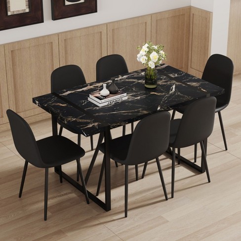 NicBex Dining Table Set for 6 Kitchen Table Modern Mid-Century Black Marble Pattern MDF Dining Set Upholstered Side Chairs for Dining Room - image 1 of 4