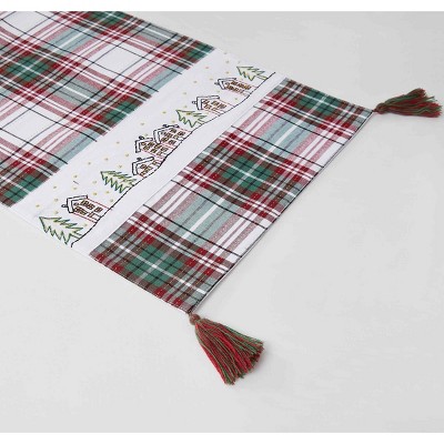 Holiday Plaid Cotton Table Runner with Embroidery and Tassels