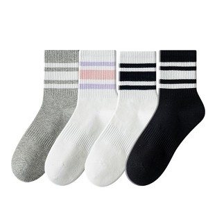 Anna-Kaci Crew Socks 4-Pack White Base Colorful Ribbed Cuff Striped Design Stretch Comfort Breathable Fit - 1 of 4