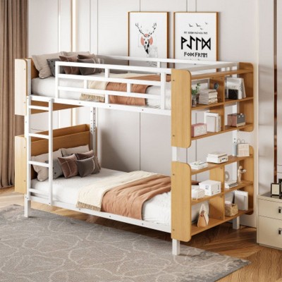 Twin Over Twin Size Metal Bunk Bed  with Ladder and Full-Length Guardrail, Storage Space, No Box Spring Needed,Black