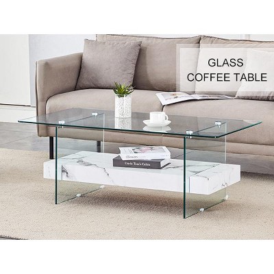Dolonm 43.3 in. L x 23.6 in. W Two-Tier Coffee Table with Tempered Glass Top & MDF Base, 250lb Capacity Modern Living Room Table