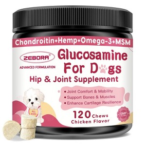 ZEBORA Dog Glucosamine – with chondroitin, MSM, hemp, turmeric, omega-3 & calcium; supports hip, joint, pain relief & skin health – 120 chews - 1 of 4