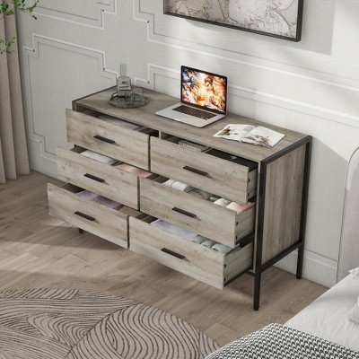 HDZNVF Wood Dresser with 6 Drawers, Wooden Storage Closet for Bedroom, Rustic Grey