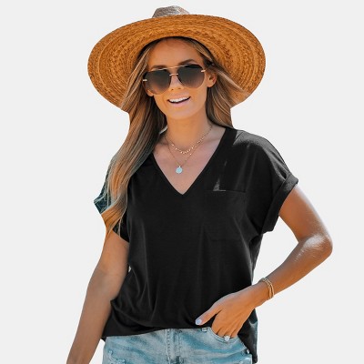 Women's Onyx V-Neck Short Sleeve Tee - Cupshe