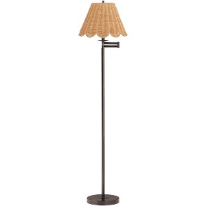360 Lighting Cottage 60 1/2" Tall Standing Floor Lamp Skinny Pole Swing Arm Adjustable Brown Bronze Finish Living Room Natural Rattan Beige Shade - 1 of 4