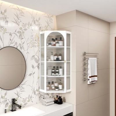 VYNXARIA Wall-Mounted Corner Cabinet with Glass Doors ¨C Four-Tier Storage for Kitchen, Bathroom, Living Room & Bedroom in White