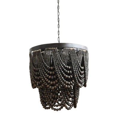 Chandelier with Wood Beads Black Metal Black - 3R Studios