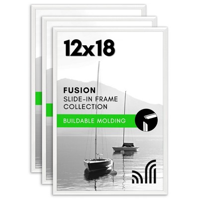 Americanflat 12x18 Poster Frame with Polished Front Cover - Set of 3 - Slide-In Photo Frame with Buildable Molding - Fusion - Picture Frames - White