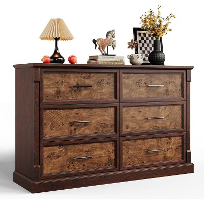 homfan 6 Drawer Dresser for Bedroom,Framhouse Large Chest of Drawers with Metal Handles,Rustic Double Wood Dresser,Storage Dressers Organizer