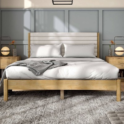 Natural Queen Platform Bed with Boucle Upholstered Headboard