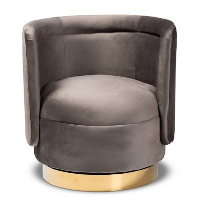 Gray Velvet Barrel Swivel Accent Chair with Gold Base