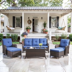 6 Piece Rattan Wicker Patio Conversation Set with Swivel Chairs, Patio Furniture Set with Patio Couch Swivel Chair Coffee Table Ottoman - 1 of 4