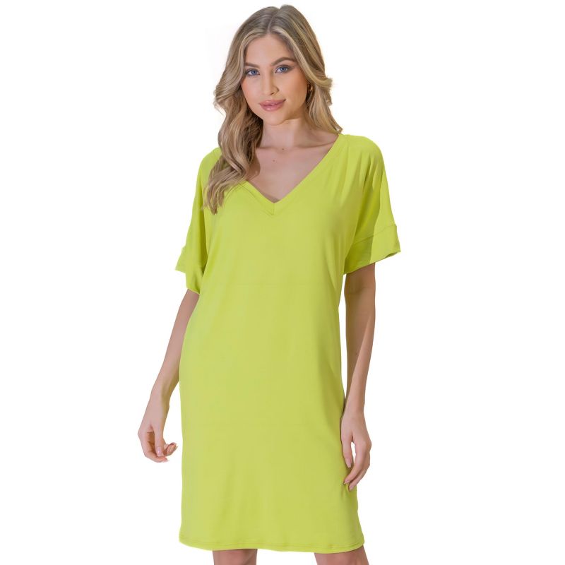 24seven Comfort Apparel Solid Color Loose Fit V Neck T Shirt Style Womens Knee Length Dress, 5 of 7