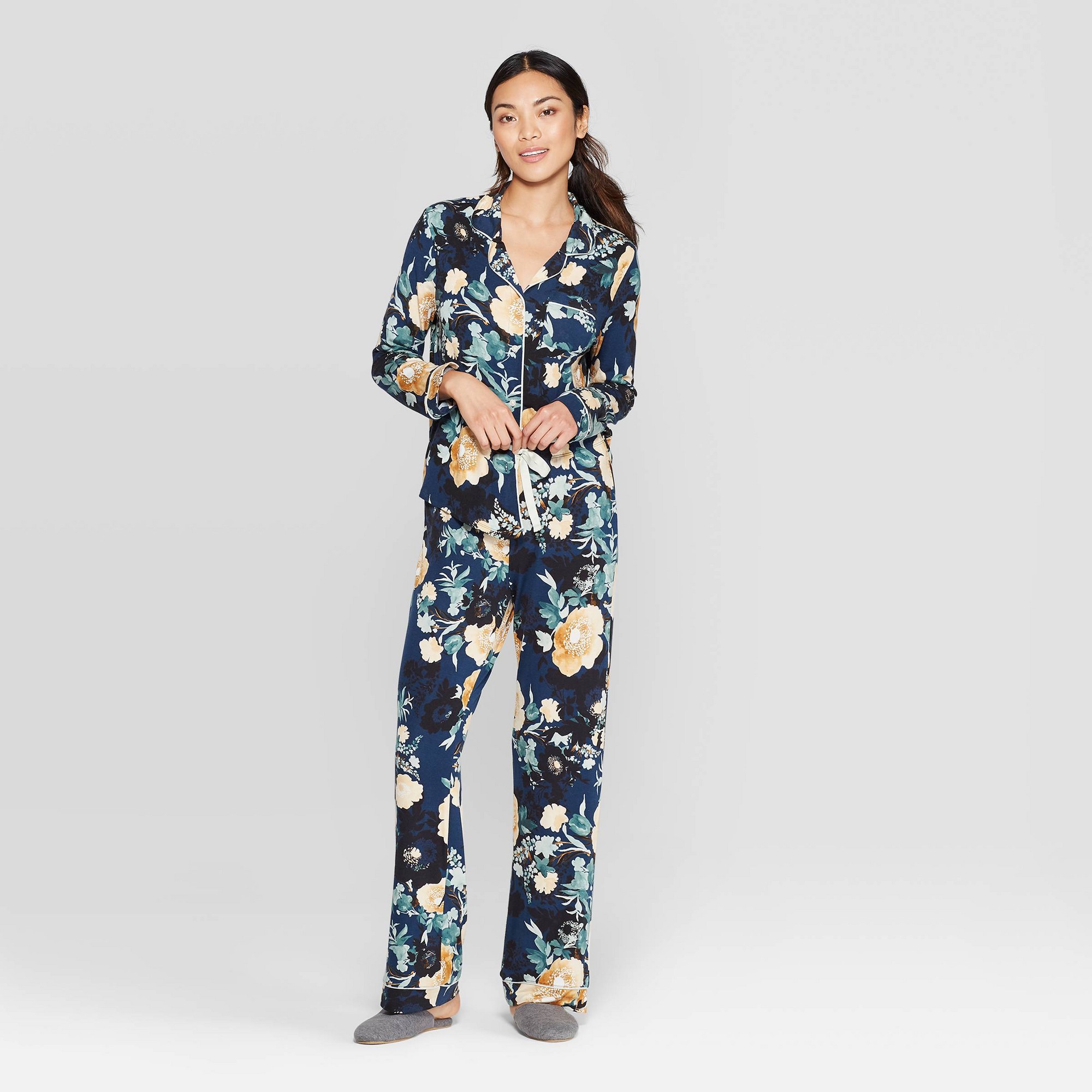 Women's Floral Beautifully Soft Notch Collar Pant Pajama Set - Stars Above  Navy S, Women's, Size: Small, Blue, by Stars Above
