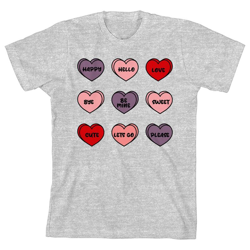 Valentine's Day Candy Hearts Crew Neck Short Sleeve Athletic Heather Youth T-shirt, 1 of 3