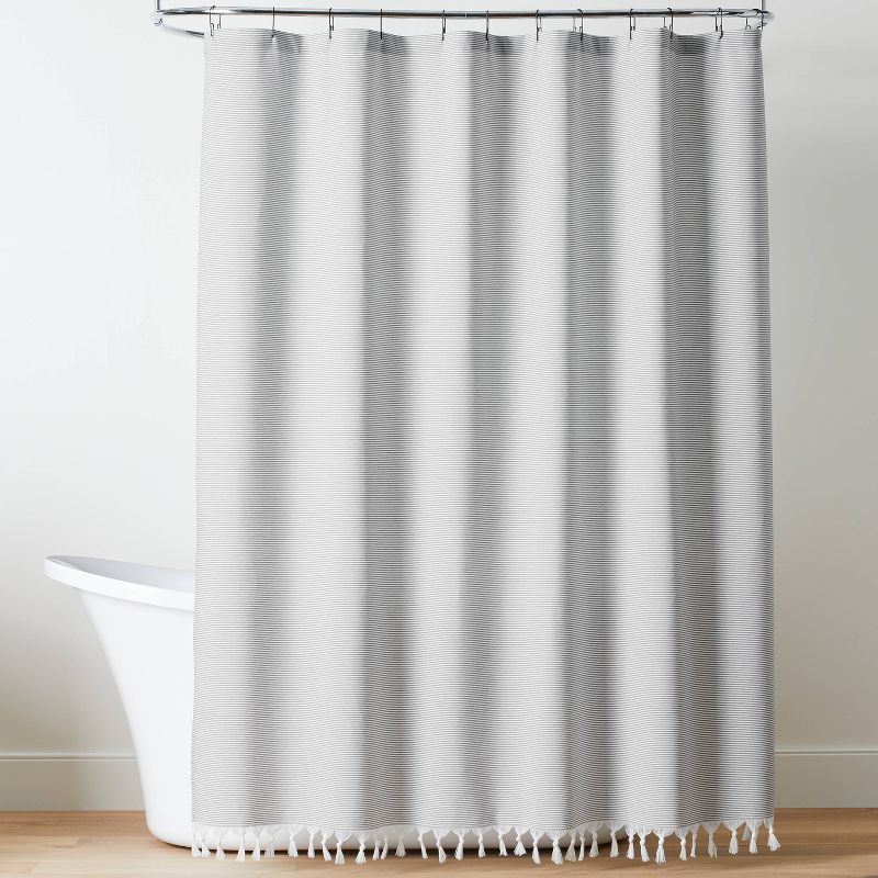 Ticking Stripe Woven Shower Curtain Gray/Cream - Hearth &#38; Hand&#8482; with Magnolia, 1 of 5