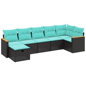 vidaXL 7 Piece Patio Sofa Set with Cushions Black Poly Rattan - Black without storage 7 - 1 of 4