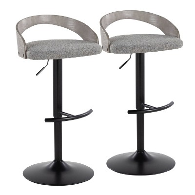 LumiSource Set of 2 Grotto Adjustable Barstools Black Metal/Light Gray Wood/Light Gray Fabric