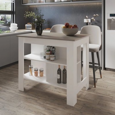 LunaLulinlk Taupe and White Kitchen Island with Open Storage