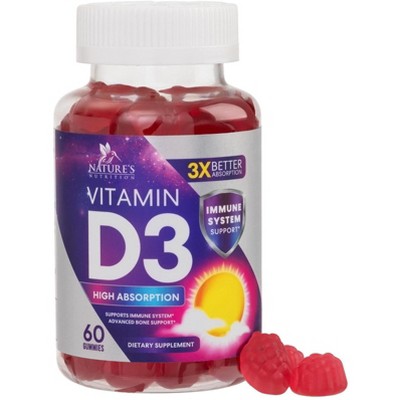 Vitamin D3 Gummies - Extra Strength 125mcg 5000IU Supplement for Adults and Kids - 60 Gummies By Nature's Nutrition