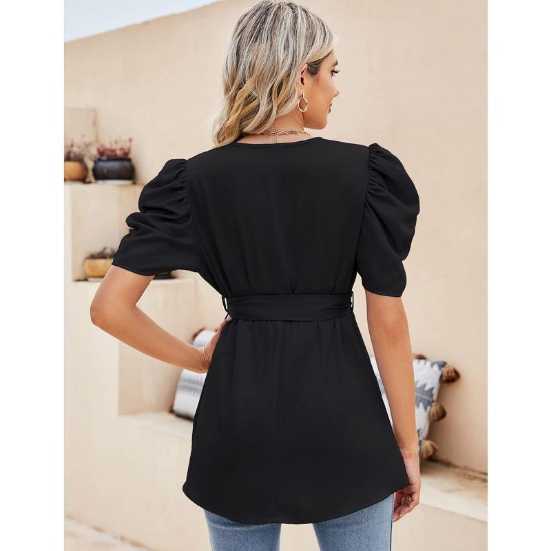 Peplum Tops for Women Dressy Sexy Deep V Neck Belted Tie Blouses Empire Waist Wrap Blouse Short Puff Sleeve, 4 of 8