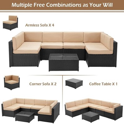 Cesicia 7-Piece Blue Sofa Set With Black PE Rattan Frame, Garden Patio Wicker Sectional Sofa Set with Coffee Table for Backyard, Porch, Balcony
