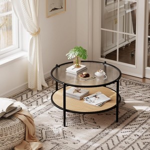 coucheta 30" Round Coffee Table with Storage Shelf, Modern Simple 2 Tier Boho Glass Top Metal Circular Center Table, for Living Room, Dining, Balcony - 1 of 4