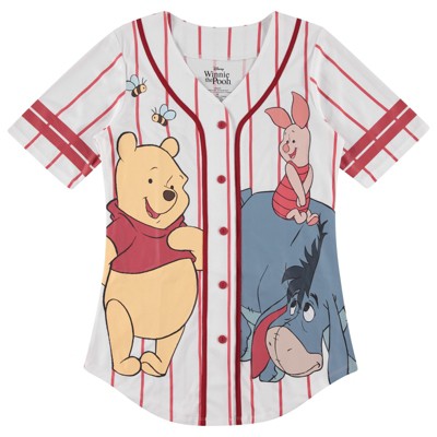 Ladies Disney Pooh Baseball Jersey - Vintage Winnie the Pooh Mesh Button Down Baseball Jersey - Winnie, Eeyore, Piglet Jersey