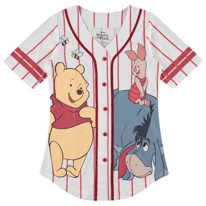 Ladies Disney Pooh Baseball Jersey - Vintage Winnie the Pooh Mesh Button Down Baseball Jersey - Winnie, Eeyore, Piglet Jersey - 1 of 4