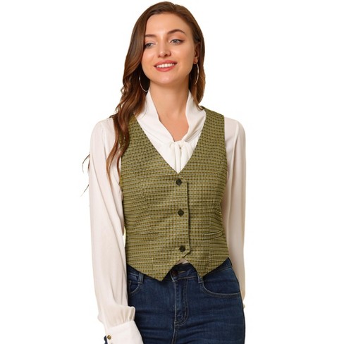 Allegra K Women's Vintage Plaid Button-Down Work Dressy Waistcoat Vests  Brown X-Large