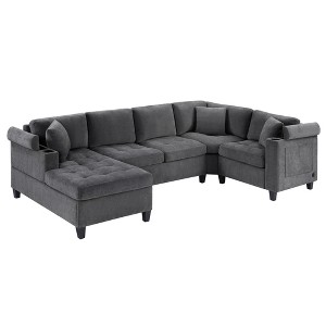 115.7" U-Shaped Sectional Sofas with Chaise Lounge, Built-in Cup Holders, Storage Compartments, Side Pockets & USB Ports - 1 of 4