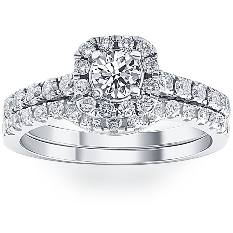 Pompeii3 3/4Ct Cushion Halo Diamond Engagement Wedding Ring Set White Gold Lab Created, 1 of 6
