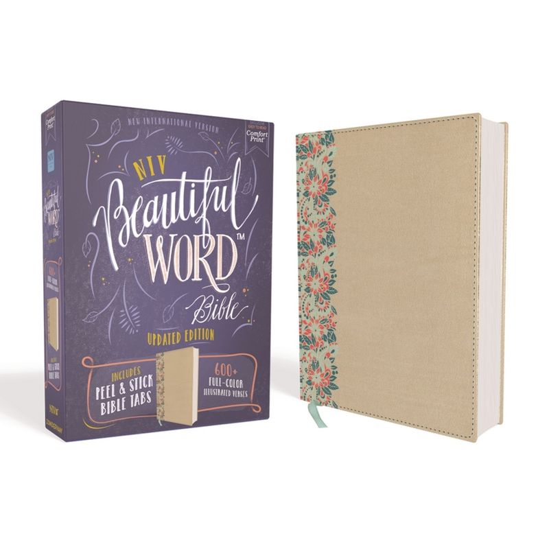 Niv, Beautiful Word Bible, Updated Edition, Peel/Stick Bible Tabs, Leathersoft Over Board, Gold/Floral, Red Letter, Comfort Print - by  Zondervan, 1 of 2