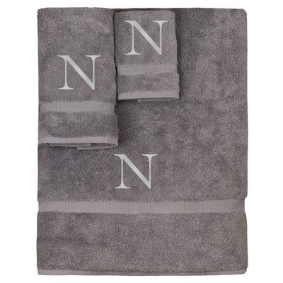 BC BARE COTTON Monogrammed Towel Set, Personalized Gift, Set of 3 - Gray - Silver Block