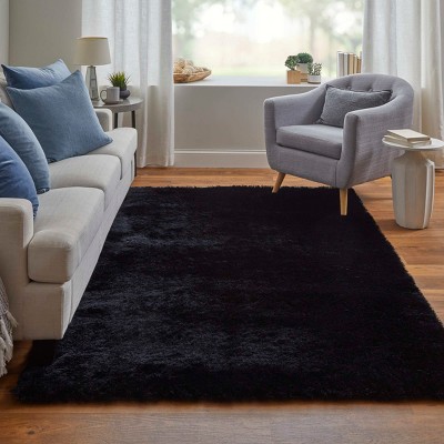 Indochine Black Rectangular Hand-Tufted Synthetic Fur Rug
