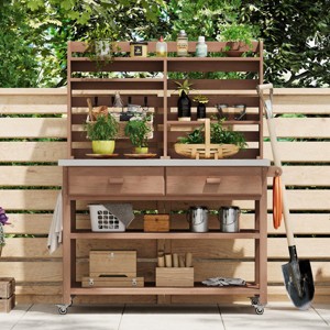 64.9"H Outdoor Potting Bench with Stainless Steel Top, Solid Wood Kitchen Island Table with Wheels, Upper Hutch, Towel Rack, Storage – Cuddlewood - 1 of 4