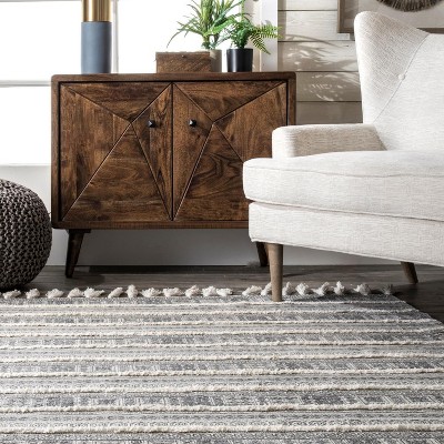 Handmade Gray Stripe Flat Woven Cotton Area Rug - 5' x 8'
